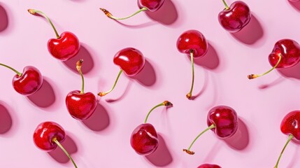 Vibrant Red Cherries Artistically Arranged on a Soft Pink Background, Showcasing Their Glossy Texture and Juicy Appeal Perfect for Culinary and Aesthetic Inspiration