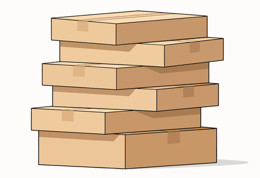 A stack of six beige cardboard boxes with tape. They are arranged on top of each other