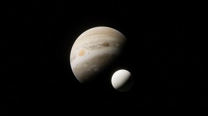 Tiny white planet drifting in cosmic solitude with massive Jupiter and orbiting moon against the starless void. Celestial mystery and astronomical exploration concept for educational or sci-fi use.