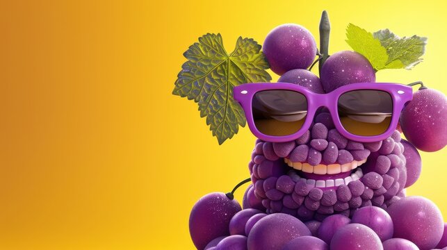 Whimsical Character Creation: A Playful Grape Character Sporting Stylish Sunglasses Surrounded by Lush Green Leaves on a Bright Yellow Background