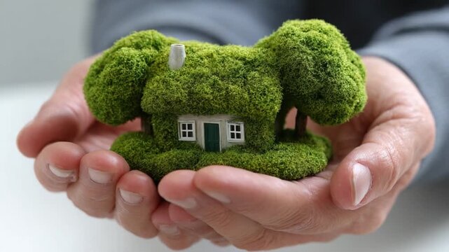 Eco-Friendly Haven: A miniature eco-friendly home nestles in the gentle embrace of hands, symbolizing sustainable living and environmental harmony.