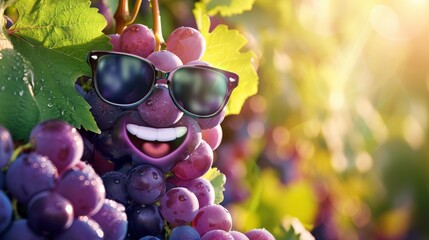 A Fun and Playful Cartoonish Character with Sunglasses and a Big Smile, Appearing Amidst a Bunch of Lush, Ripe Grapes in a Sunny Vineyard