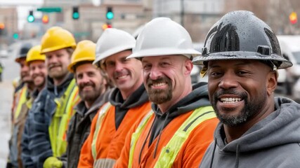 Dedicated Construction Crew: A row of construction workers, united in their profession, stands with pride, ready to build and achieve.