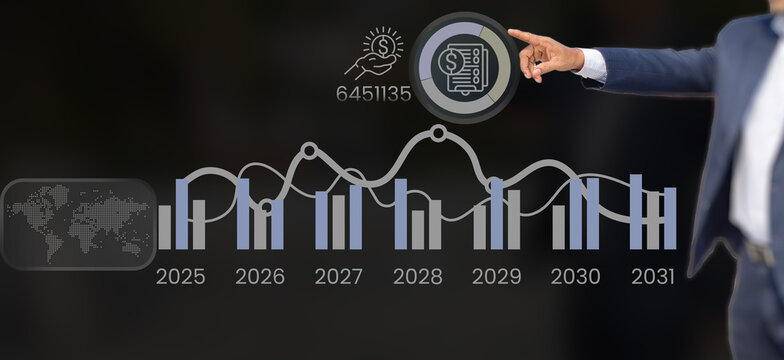 Business finance analytics growth forecast chart visualization for 2025 to 2031 market projection. Corporate strategy data intelligence investment planning. Global industry forecasting dashboard. - Powered by Adobe