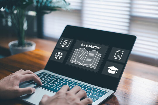 e-learning icons on a laptop, representing online education, virtual training, digital course, learning platform technology, and knowledge development tools. training course, webinar, e learn platform