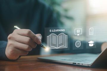 e-learning icons on a laptop, representing online education, virtual training, digital course,...