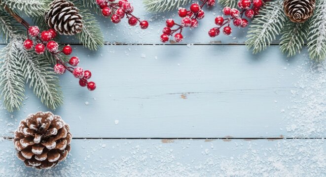 Festive christmas background with snowdusted pine branches, red berries, and pinecones on light blue wooden planks