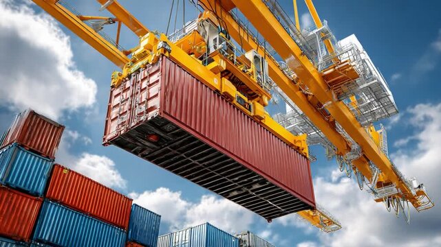Cargo Container Transportation: A vivid shot of a container crane lifting a red shipping container against a blue sky, symbolizing global trade and logistics.