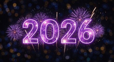 Glowing 2026 with vibrant fireworks and bokeh lights. new year eve