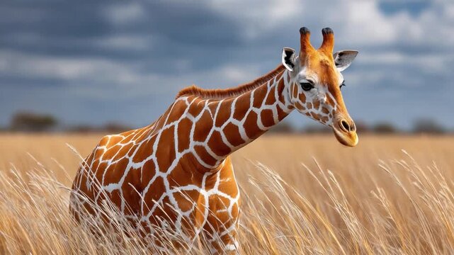 Giraffe in Savanna: A graceful giraffe with distinctive spotted coat stands majestically amidst tall savanna grass, under a dramatic sky. This captures the essence of the wild.