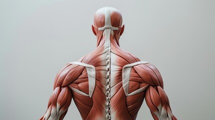 Detailed Anatomical Representation of Human Musculature from the Back View, Highlighting Muscle Fiber Structure and Spinal Integrity for Educational Insight