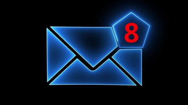 Glowing neon email icon with eight unread messages isolated on black background