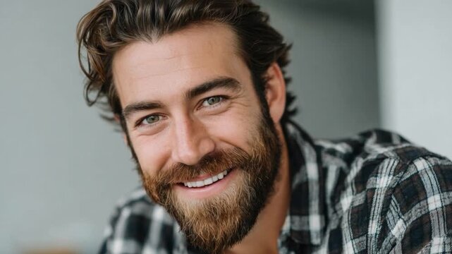 Beaming Confidence: An individual emanates warmth and confidence, his expressive eyes reflecting genuine happiness as he gazes directly into the camera.