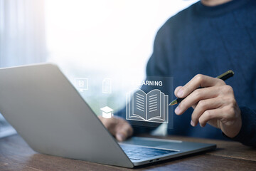 e-learning icons on a laptop, representing online education, virtual training, digital course,...
