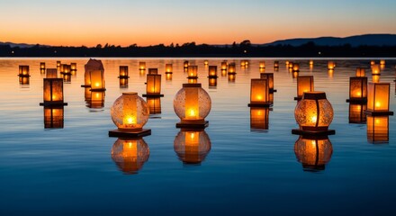 Illuminated lanterns floating on a calm lake surface at dusk creating a serene and magical atmosphere
