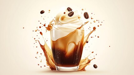 Iced Coffee with Cream Splash and Floating Beans in Transparent Glass Cup