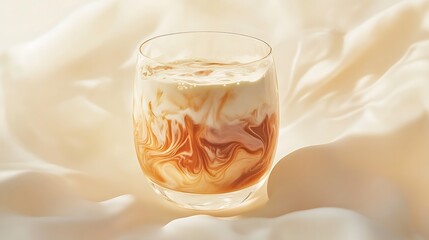 Iced Latte Swirl Aesthetic Drink in Glass with Creamy Caramel and Smooth Satin Backdrop