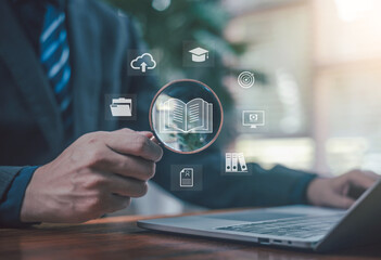 digital book and cloud icons, representing e-learning, online education, library systems, cloud document storage, and modern knowledge management solutions. training course, webinar, e learn platform