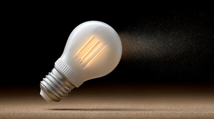 Illuminated LED Filament Bulb Leaning on Brown Surface with Dark Background and Sparkling Effect