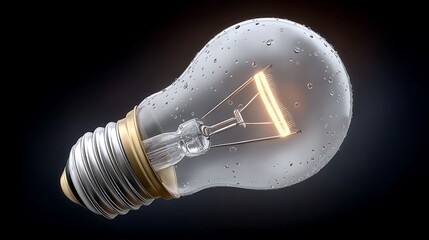 Illuminated Light Bulb with Water Droplets on Glass Surface, Golden and Silver Base