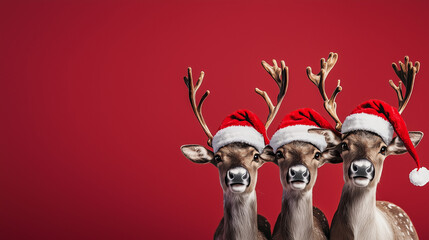 Group of three reindeer in Santa hats, smiling faces, close-up on red backdrop, cheerful holiday theme with space for text.