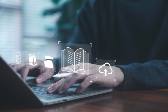 digital book and cloud icons, representing e-learning, online education, library systems, cloud document storage, and modern knowledge management solutions. training course, webinar, e learn platform