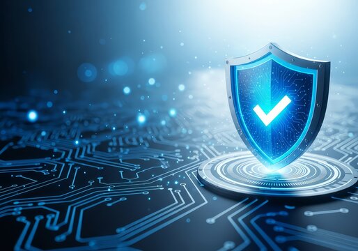 Glowing blue shield with checkmark on a circuit board representing data security and protection