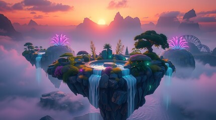 Surreal floating island archipelago with bioluminescent flora and golden-hour cinematic 3D landscape.