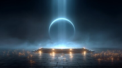 Illuminated Portal on a Tiered Platform with Glowing Particles in a Mystical Environment