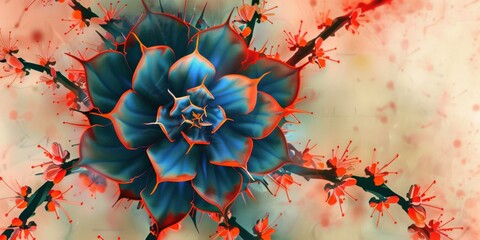 A Beautiful Abstract Floral Design Featuring a Blue Succulent with Red Highlights Against a Soft Background of Blurriness and Colorful Accents