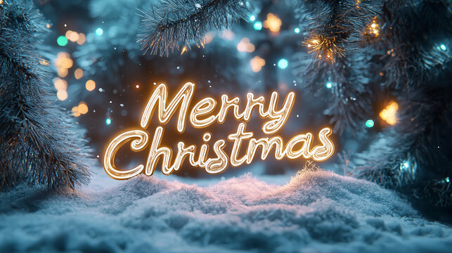 Snowy winter forest with glowing frosty inscription "Merry Christmas".
