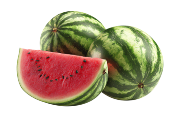 Fresh, ripe watermelons with vibrant green stripes, one sliced to reveal juicy red flesh and black seeds, on a white isolated background.