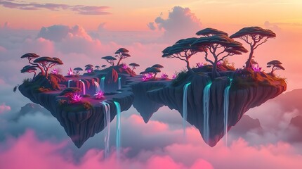 Surreal floating island archipelago with bioluminescent flora and golden-hour cinematic 3D landscape.