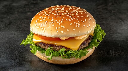 Juicy Hamburger with Sesame Seed Bun, Lettuce, Tomato, Cheese, and Special Sauce