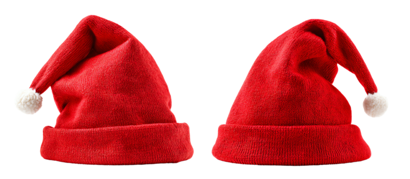 Two festive red Santa hats on a white isolated background, perfect for holiday-themed designs, decorations, or celebrations.
