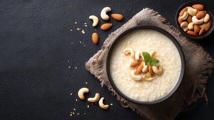 Kheer Rice Pudding with Almonds and Cashews on Black Background with Burlap Fabric