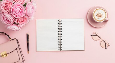 Feminine flat lay with an open notebook, coffee, pink roses, pen, sunglasses, and a handbag on a soft pink background