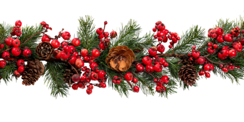 A vibrant arrangement of red berries, green pine needles, and pine cones against a white isolated background, perfect for holiday decorations and seasonal themes.