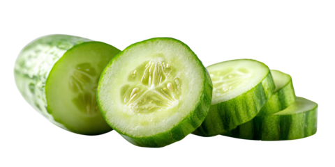 Fresh cucumber slices on a white background, showcasing their vibrant green color and unique texture, perfect for salads, garnishes or healthy snacks.