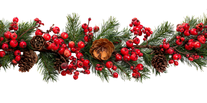 A vibrant arrangement of red berries, green pine needles, and pine cones against a white isolated background, perfect for holiday decorations and seasonal themes.