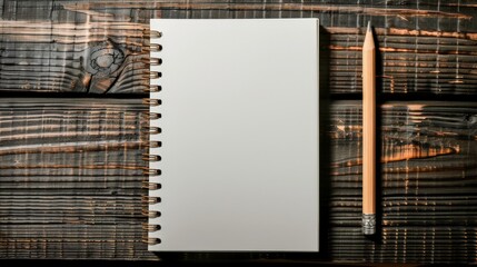 A blank notebook and a pencil resting on a rustic wooden table set the stage for creativity, ideas, and inspiration in a serene atmosphere.