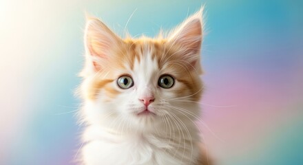 Cute Fluffy Orange and White Kitten with Green Eyes Looking Directly at Camera