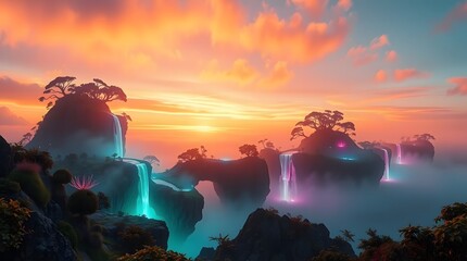 Surreal floating island archipelago with bioluminescent flora and golden-hour cinematic 3D landscape.