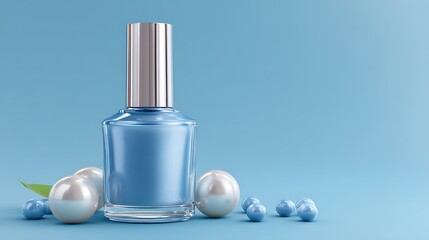 Light Blue Nail Polish Bottle with Silver Cap Surrounded by Pearls on Blue
