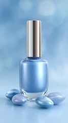 Light Blue Nail Polish Bottle with Silver Cap and Decorative Stones on Blue Background