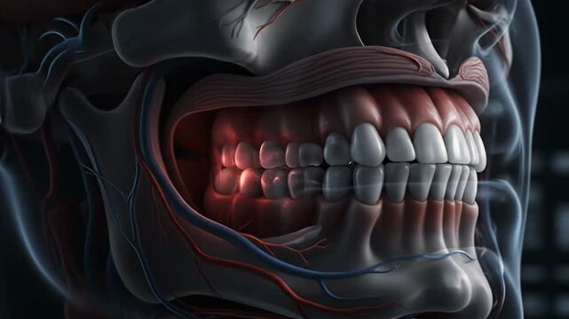 Detailed 3D Animated Model of Human Teeth and Jaw Bone Showing Root Canal Inflammation in Glowing Red, Medical Education Clip