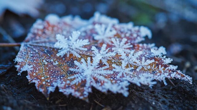 Frozen maple leaf with intricate frost patterns