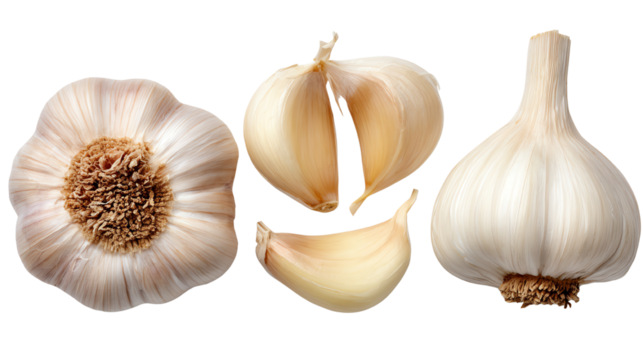Garlic cloves and bulb on a white isolated background, showcasing their vibrant textures and colors, ideal for culinary themes and health-related projects.