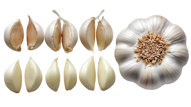 Garlic clove and bulb displayed on a white background. The composition includes whole and sliced cloves, showcasing the texture and details of this essential culinary ingredient.
