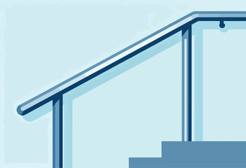 Abstract illustration showing a light blue stair railing with matching blue steps. Handrail detail with vertical support